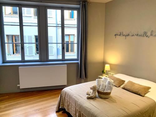 Appartement Hyper-centre Colmar في كولمار: غرفة نوم مع سرير مع دمية دب عليها