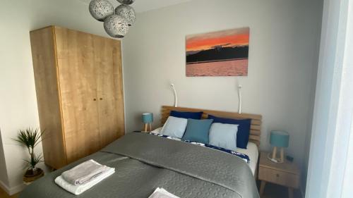 a bedroom with a large bed with blue pillows at Marina “Nature” in Iława