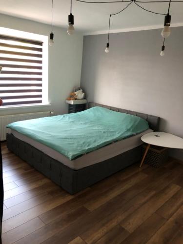 sypialnia z łóżkiem z zieloną kołdrą w obiekcie Apartament Moniuszki w Kędzierzynie-Koźlu