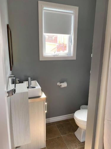 a bathroom with a toilet and a sink and a window at Motel Glenn in Perce
