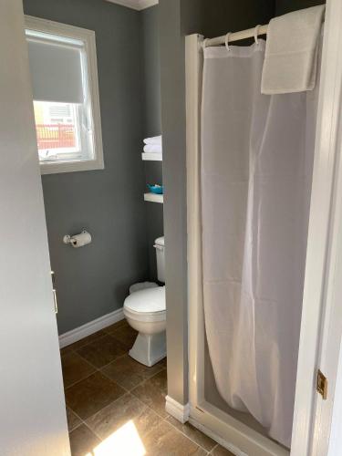 a bathroom with a toilet and a shower curtain at Motel Glenn in Perce