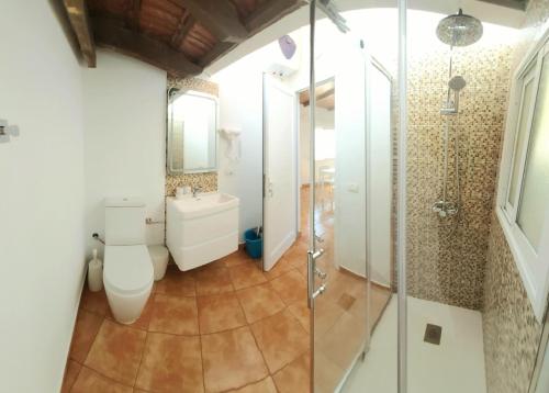 a bathroom with a toilet and a glass shower at Loft Con Encanto in Frontera