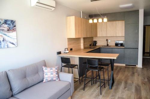sala de estar con sofá y cocina en Kokos Avenue Loft Apartments, en Yuzhne