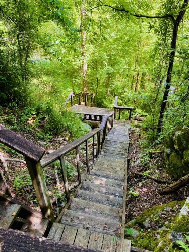 a wooden bridge in a forest with two benches at Secluded Riverview with River Access in Townsend