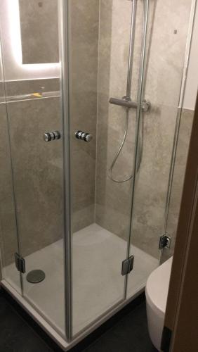 a shower stall in a bathroom with a toilet at Ferienwohnung Alpensonne in Oberstdorf