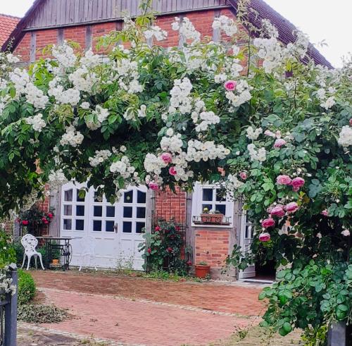 Un edificio con un mazzo di fiori davanti di Ferienhaus Zur Sonne a WÃ¶lpinghausen