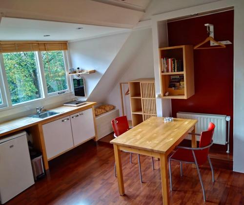 a kitchen with a wooden table and red chairs at Appartement Soerte Es in Wapse