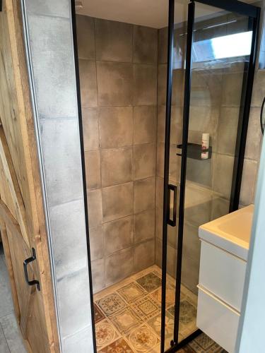 een douche met een glazen deur in de badkamer bij B&B Bijzonder in Drachten