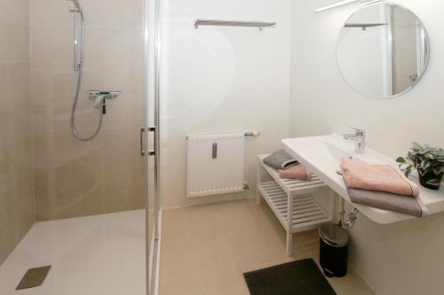 een badkamer met een douche, een wastafel en een spiegel bij Steira-Studios Leibnitz in Leibnitz