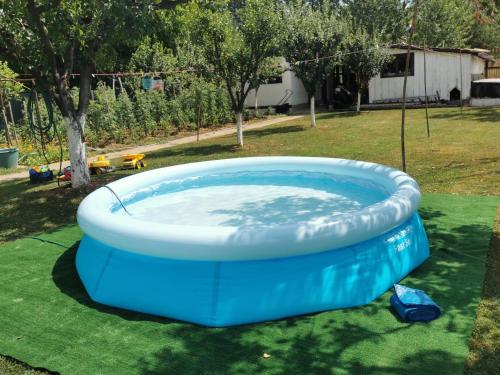 a large blue inflatable pool in a yard at Podgoria Guesthouse- Camere de închiriat in Oradea