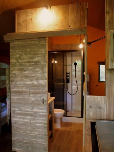 une salle de bain avec douche et toilettes dans une chambre dans l'établissement camping mas du sartre, à Auriolles