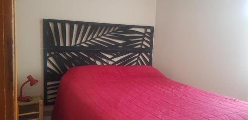 - une chambre avec un lit et une couette rose dans l'établissement La petite maison dans un village bio, à Correns