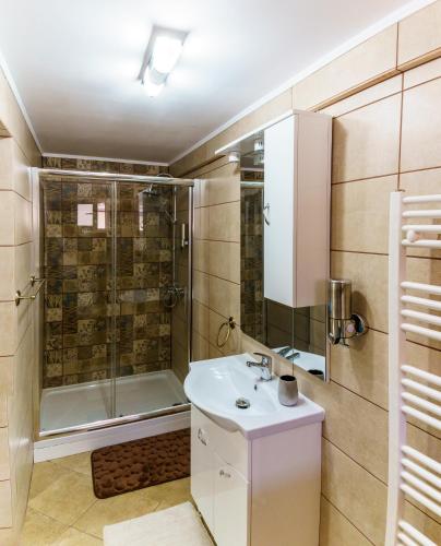 a bathroom with a shower and a sink and a tub at Casa Primaverii in Râşnov