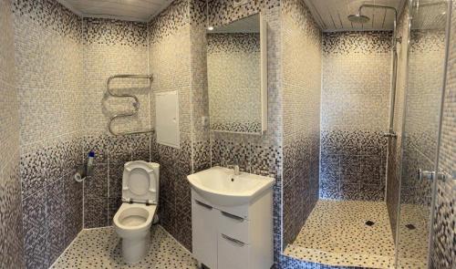 a bathroom with a toilet and a shower and a sink at Hotel Moskvich in Moscow