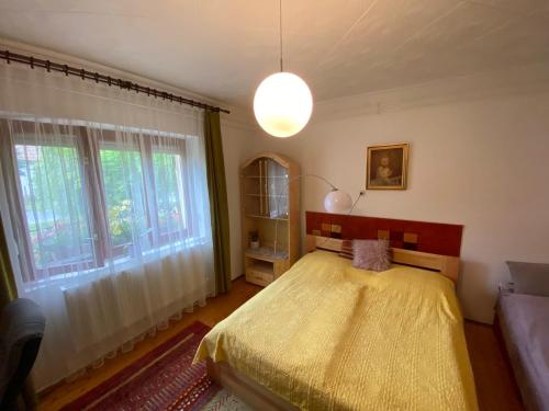 a bedroom with a bed and a couch and windows at Tiszavirág Vendégház in Abádszalók