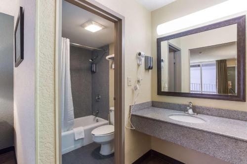 a bathroom with a sink and a toilet and a mirror at Econo Lodge Gallatin - Metro Nashville in Gallatin
