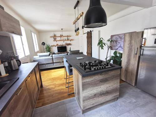 Il comprend une cuisine équipée d'une cuisinière. - un four supérieur à côté d'un salon dans l'établissement Le Globe-trotter - Les Maisons de Madeleine, à Nantes