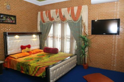 1 dormitorio con 1 cama con almohadas y TV en Hotel Kashmir Lodge en Bālak Bhanna