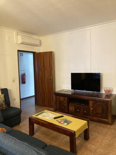 a living room with a tv and a coffee table at Casa do Tavares in Carvalhais