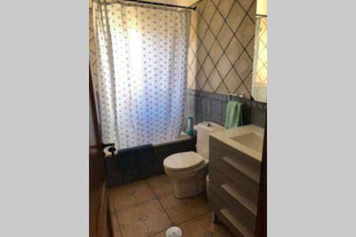 a bathroom with a toilet and a shower and a sink at CASA RURAL MAMÁ in Taibique