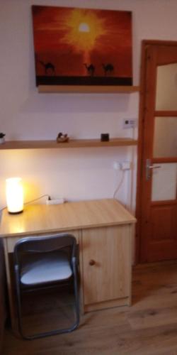 a desk with a chair and a lamp on top of it at Vadszőlő Vendégház in Cák