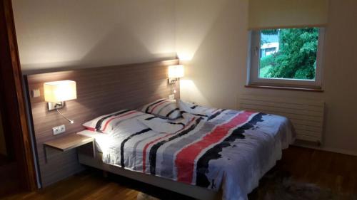 ein Schlafzimmer mit einem Bett, zwei Lampen und einem Fenster in der Unterkunft Landhaus Bukenberger in Freudenstadt