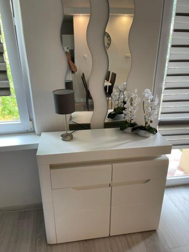 una camera con scrivania bianca e specchio di Apartament Zabia a Białystok