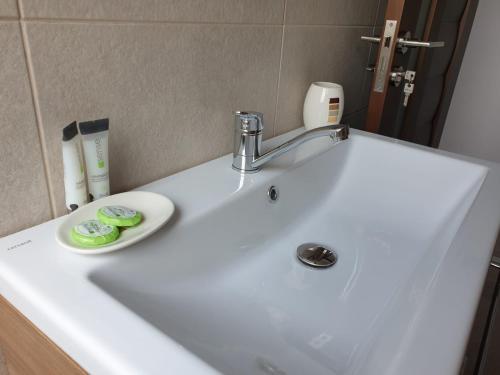 a bathroom sink with a faucet and a plate on it at Pensiunea Lotus Corbu in Corbu