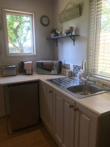 a kitchen with a sink and a microwave at Little Banks Cabin in Ringwood