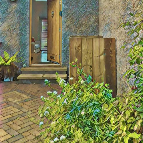 a painting of a house with a door and a bush at Shamerbrea The Foodie B&B in Inverness