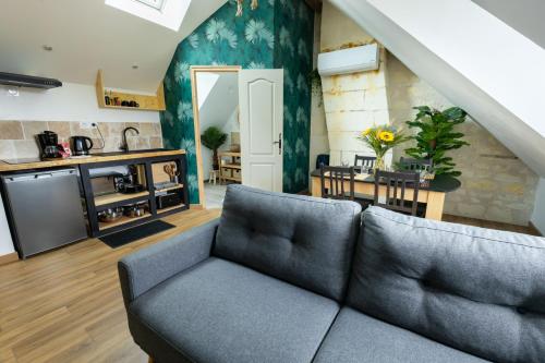 un salon avec un canapé et une cuisine dans l'établissement Taiiga - Domaine Tropical, à Saint-Aignan