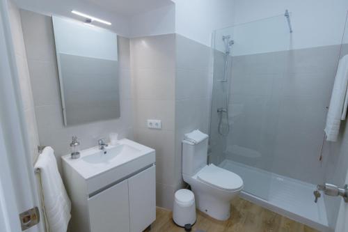 uma casa de banho com um WC, um lavatório e um chuveiro em Lagoa Hostel & Suites em Lagoa