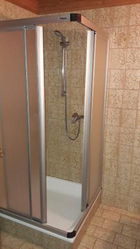 a shower with a glass door in a bathroom at Gästehaus Bräuer in Neukirchen am Großvenediger
