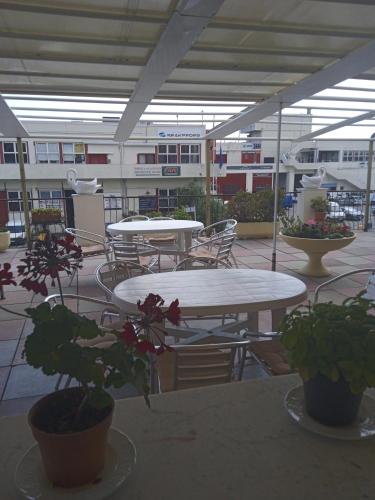 eine Terrasse mit Tischen, Stühlen und Topfpflanzen in der Unterkunft Albergo Stella Di Mare in Lavagna