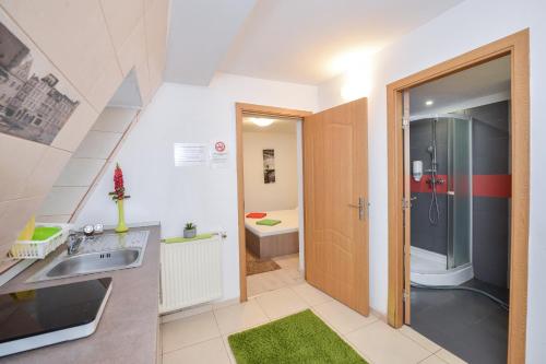 a small bathroom with a sink and a shower at Budget Accommodation in Bucharest