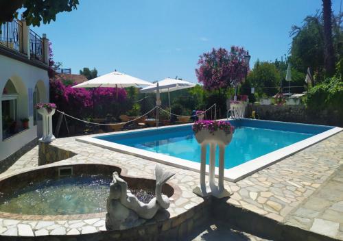 a swimming pool with a fountain in a yard at Hotel Bellavista in San Bartolomeo al Mare
