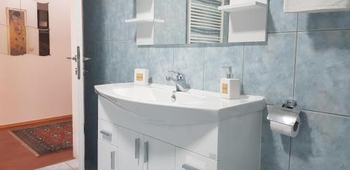 uma casa de banho com um lavatório branco e um espelho. em Apartment Cobanija em Sarajevo