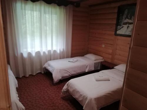 two twin beds in a room with a window at Cheremosh in Yablunytsya