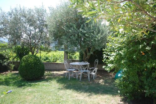 une table et des chaises dans une cour arborée dans l'établissement CHAMBRE D'HÔTE LE GRAND BARSAN, à Vaison-la-Romaine