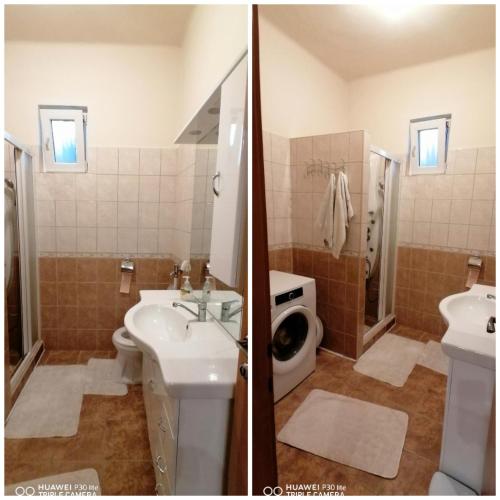 two pictures of a bathroom with a sink and a toilet at Vida vendégház in Hajdúszoboszló