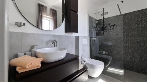 ein Badezimmer mit Waschbecken, Toilette und Spiegel in der Unterkunft Villa Kristina - Swimming pool, Dolenja Vas - Istra in Dolenja Vas
