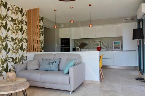 un salon avec un canapé et une cuisine dans l'établissement L'ete Indien 2, à Sanary-sur-Mer