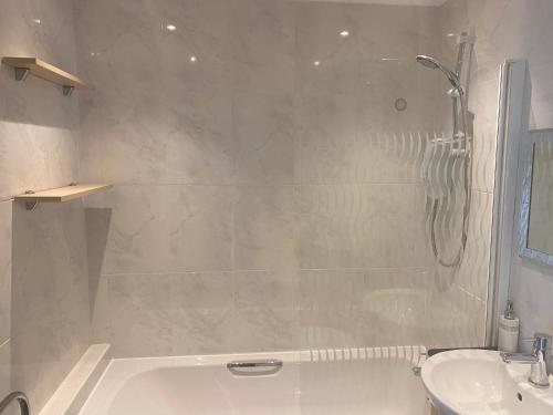 a bathroom with a shower and a tub and a sink at Relaxing Retreat Around Nature in Wrexham