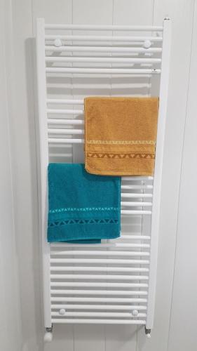 2 asciugamani su un portasciugamani in bagno di Les Cavelots à Vendôme a Vendôme