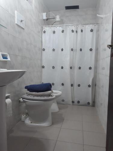 a white bathroom with a toilet and a shower at Hermosa Casita II Paso Patria in Paso de la Patria