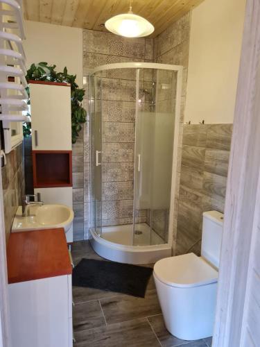 a bathroom with two sinks and a shower and a toilet at Domek nad stawem in Robakowo