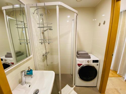 a bathroom with a washing machine and a sink at Cozy Home Apartment - Tallinn City Center in Tallinn