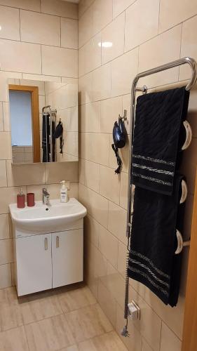ein Bad mit einem Waschbecken und einem schwarzen Handtuch in der Unterkunft Pilnų namų bendruomenės apartamentai in Panara