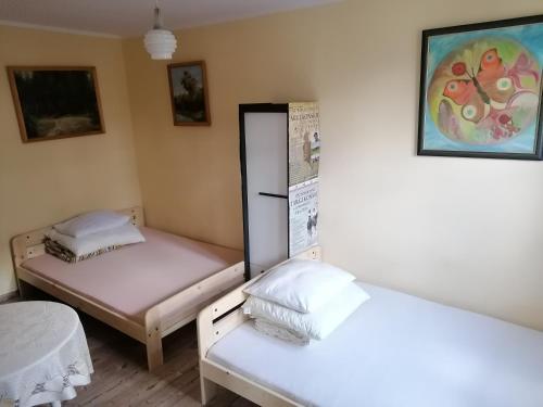 um quarto com duas camas e um espelho em Łemkowo Pokoje Gościnne em Lutowiska