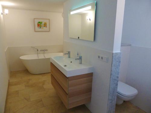 a bathroom with a sink and a tub and a toilet at Villa Witte Lelie in Mechelen